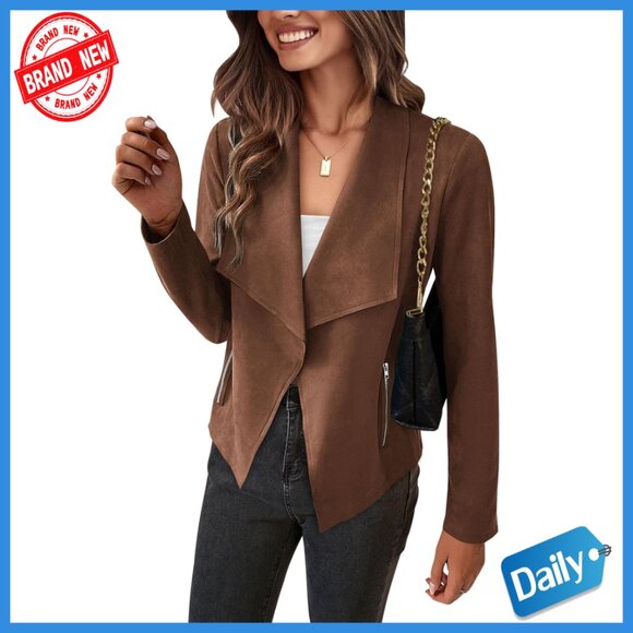 Jackets & Blazers - Faux Suede Cropped Jacket, Long Sleeve Open Front, Fall Winter Coat